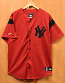 ヴィンテージ 1990年代 USA製 Majestic マジェスティック MLB New York Yankees ニューヨーク・ヤンキース ベースボールシャツ メッシュ ユニフォーム レッド メンズL【中古】■