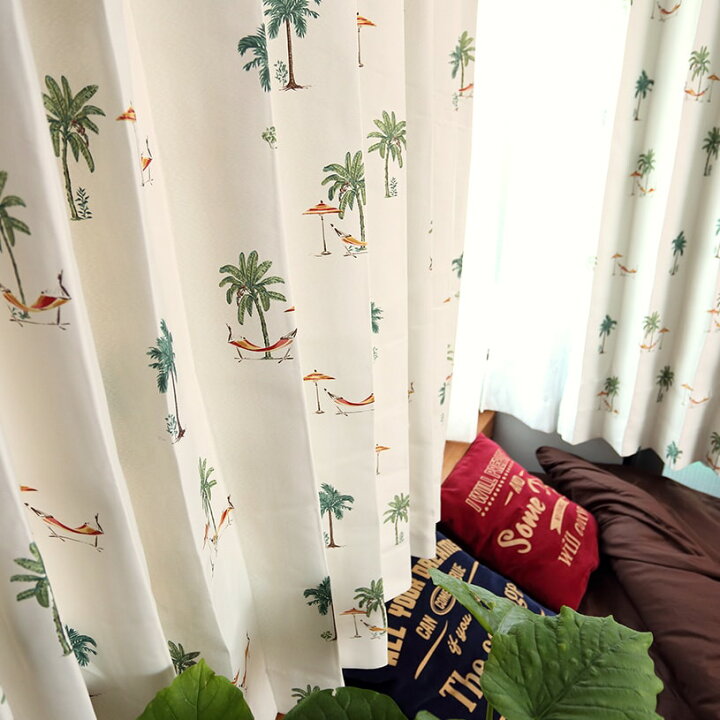 楽天市場 1cm刻みのカーテン カーテン 遮光カーテン ３級 遮光 オーダー オーダーカーテン 両開き ２枚 片開き １枚 マハナ ハワイ ハワイアン リゾート南国 テイスト 植物 ヤシの木 葉 緑 白地 ウォッシャブル パーフェクトスペース カーテン館