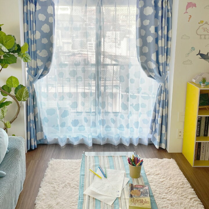 楽天市場 4 700 レースカーテン おしゃれ 洗濯可能 オーダー 丈50cm 285cm 幅30cm 300cm 子供部屋 ポリエステル フック付 ホワイト もくもくクジラ パーフェクトスペース カーテン館