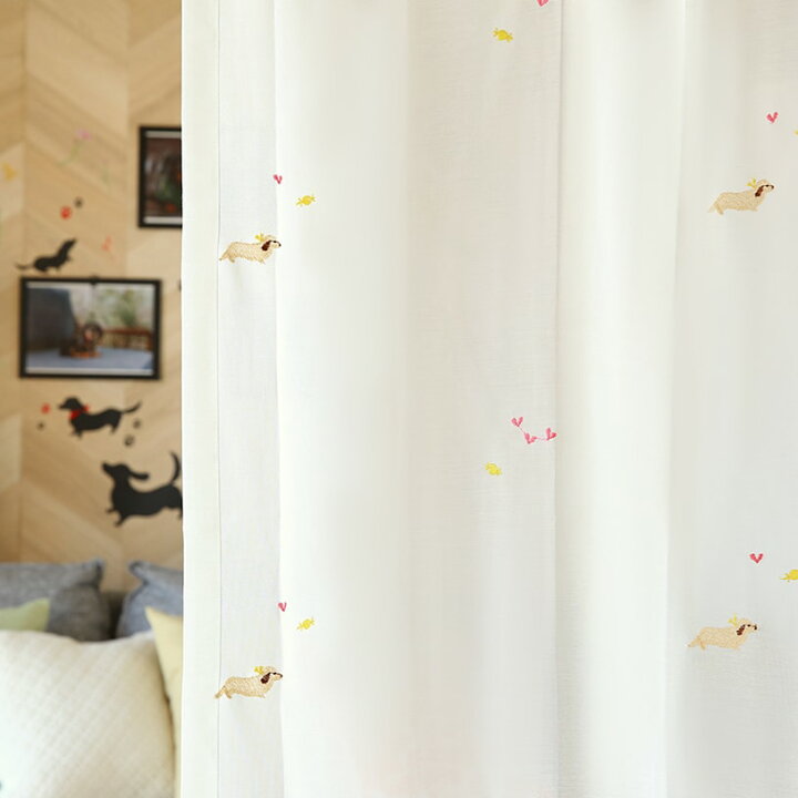 楽天市場 4 300 レースカーテン おしゃれ 洗濯可能 Uvカット オーダー 丈50cm 285cm 幅30cm 300cm 子供部屋 ポリエステル フック付 アイボリー いぬのおさんぽ パーフェクトスペース カーテン館