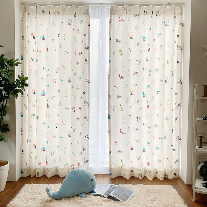楽天市場 3 400 カーテン おしゃれ 洗濯可能 オーダー 丈50cm 285cm 幅30cm 300cm 子供部屋 タッセル付 フック付 ホワイト アルファベットズカン パーフェクトスペース カーテン館