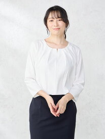 レディース ブラウス 7分袖 ジョーゼット フロントタック ビジュー付きブラウス ストレッチ UVカット 冷感素材 オフホワイト S M L ポリエステル 春夏 PSFA
