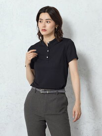 レディースニット・カットソー カット半袖ポロ スタンドカラーポロシャツ ブラック M L ポリエステル 春夏 PSFA