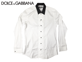 ドルチェ&ガッバーナ Yシャツ DOLCE&GABBANA G5CQ4T FU5GK N0000 ブラック レギュラーカラー プリーツ付き ホワイト ドレスシャツ ワイシャツ 43サイズ(17インチサイズ) ドルガバ