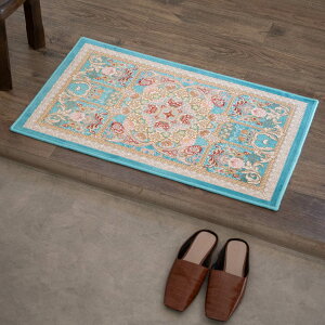 【本場イラン産】50×80cm 織り目の細かさ144万ノット! ペルシャ絨毯(機械織) ゴルザール柄 ブルー色(送料無料 おしゃれ 絨毯 ペルシャ絨毯風 ラグ 玄関マット 洗える ホットカーペット