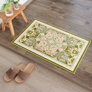 【本場イラン産】50×80cm 織り目の細かさ144万ノット! ペルシャ絨毯(機械織) ゴルザール柄 グリーン色(送料無料 おしゃれ 絨毯 ペルシャ絨毯風 ラグ 玄関マット 洗える ホットカーペッ