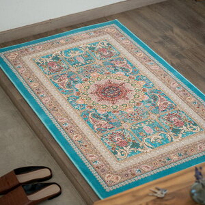 【本場イラン産】75×120cm 織り目の細かさ144万ノット! ペルシャ絨毯(機械織) ゴルザール柄 ブルー色(送料無料 おしゃれ 絨毯 ペルシャ絨毯風 ラグ 洗える ホットカーペット対応)