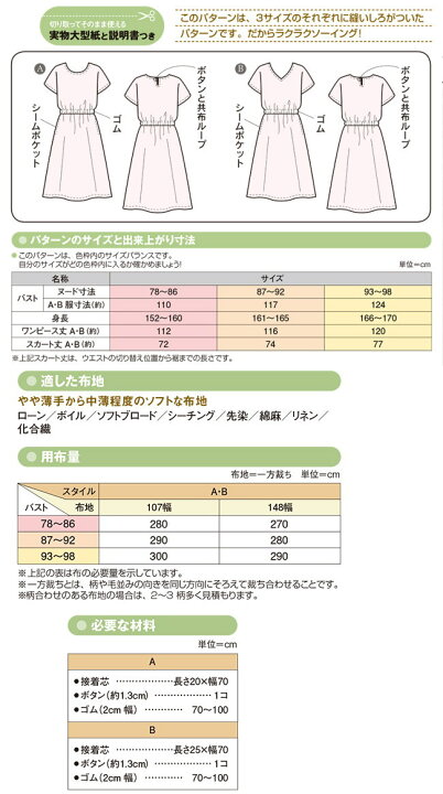 楽天市場 大人服型紙 ウエストゴムワンピース パターン 型紙 サンパターン サン プランニング 生地と雑貨のお店 ｐｅｒｕｒｕ