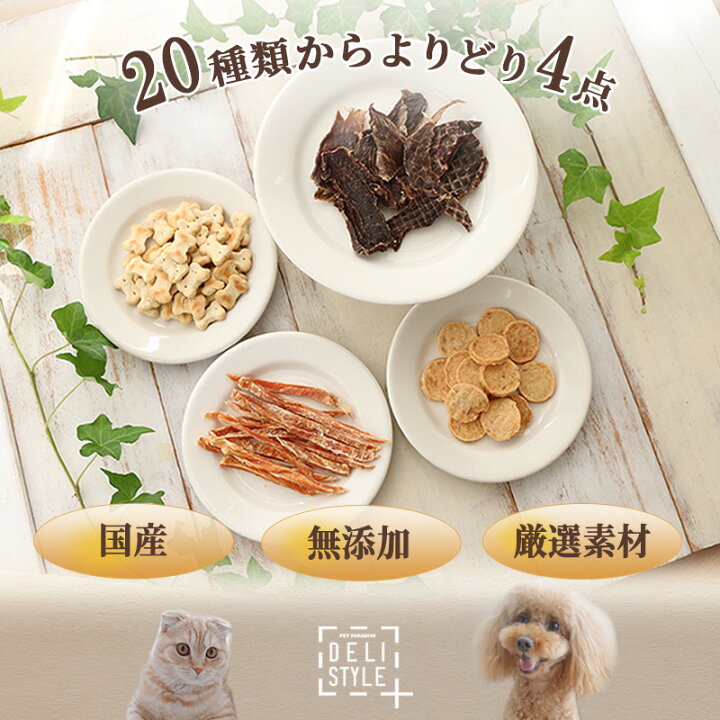 【メール便送料無料】犬 おやつ 無添加 国産 猫 ペットパラダイス 20種類から選べる 4個セット デリスタイル お試し 福袋 オヤツ  アソート フード 犬用おやつ 国産無添加 小分け おやつセット 詰め合わせ シニア 老犬 ギフト プレゼント ペットパラダイス