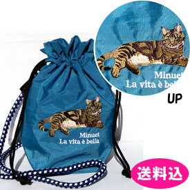 アニマル刺繍　コードショルダー　巾着ショルダー　ショルダーバッグ　猫　ネコ　ねこ　623-7711　ミヌエット　ブルー
