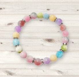 『恋愛成就※幸運※健康※長寿』の石。キャンディジェィドブレスレット　カラフルミックス　8mm　パステルカラー　大人可愛い　マーブル模様　女子力アップ　レディース　シンプル　癒し　お守り　幸せ　パワーストーン　天然石　おしゃれ　綺麗　送料無料　ロンデル無し