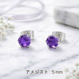 つけっぱなしOK　ピアス　アメジスト　一粒　5mm　爪あり　ファセットカット　レディース　金属アレルギー対応　サージカルステンレス　2月誕生石　お守り　恋愛成就　天然石　パープル　紫　スタッド　パワーストーン　シンプル　上品　綺麗　大人可愛い　両耳