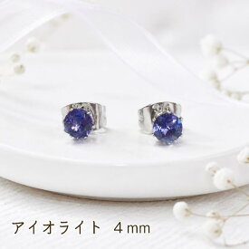 つけっぱなしOK　ピアス　アイオライト　一粒　4mm　爪あり　ファセットカット　レディース　金属アレルギー対応　サージカルステンレス　プレゼント　お守り　結婚　恋愛　絆　天然石　スタッド　パワーストーン　シンプル　上品　綺麗　大人可愛い　両耳