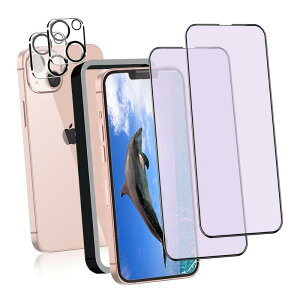 DZHFU【ブルーライトカット】iPhone 13 mini 強化ガラスフィルム(2枚入り)+レンズ保護フィルム (2枚入り) 5.4インチ 全面保護フィルム 指紋付着防止 硬度9H 滑らかなタッチ操作 自動吸着 飛散防