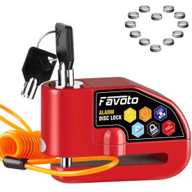Favoto ディスクロック 鍵2本セット 大音量 110 dB リマインダーケーブル付き 盗難防止 盗難アラーム 7mmロックピン 防水 収納袋付き バイク用ロック 赤色