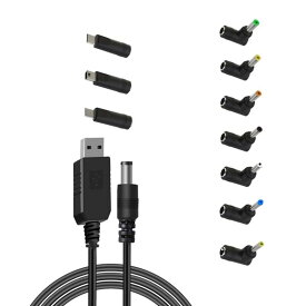 YFFSFDC USB ケーブル 変換プラグ付き DC ジャック L型 USB 5V-12V 昇圧 DC電源供給ケーブル 長さ1m 変換 アダプタモバイルバッテリーなど対応(1本+10変換プラグ)