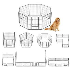 FEANDREA ペットサークル 大型犬用 中型犬用 ペットフェンス 折り畳み式 組立簡単 全成長期使用可 室内外兼用 犬ケージ スチール製 パネル8枚 複数連結可能 犬 サークル PPK88G 高さ80cm