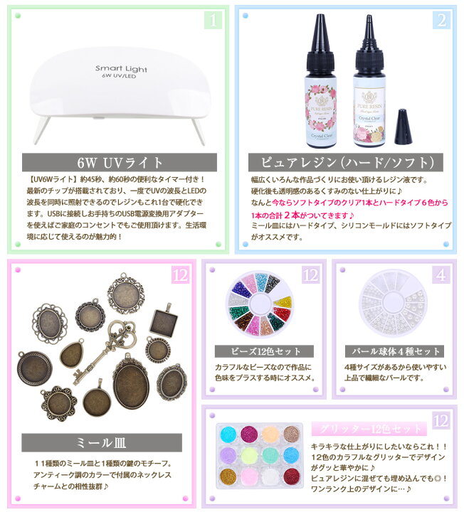 楽天市場 全品対象クーポン配布中 宅配便送料無料 230点 自宅で簡単レジンクラフトスターターキット レジン レジンクラフト ミール皿 パーツ 手芸 フレーム アクセサリー Uv Uvレジン 枠 クラフト ネックレス レジン液 パーツ 春ネイル 母の日 プチプラ