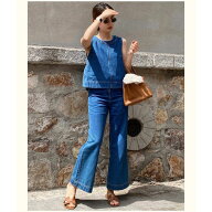 セットアップ パンツ デニム ノースリーブトップス ベルボトム ワイドパンツ アンクル丈 カジュアル 上品…