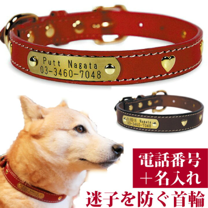 楽天市場 犬 首輪 迷子札 名入れ 名前入 革 本革 犬用 Birdie ハートメタルid カラー サイズ32 26 32cm 名前 連絡先 電話番号 の プレート を 固定 国産 地震 災害 対策 おしゃれ かわいい 仔犬 柴犬 ダックス シュナウザー シーズー 豆柴 小型犬