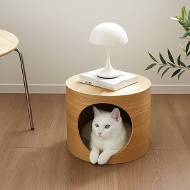 ペットハウス 無垢材 木製 おしゃれ 猫 犬 小型犬 サイドテーブル兼用 クッション付き ラウンド型 北欧風 韓国インテリア 省スペース 室内用 安心空間 丸穴デザイン ナチュラルカラー 取り外し可能 洗える ペット用ベッド