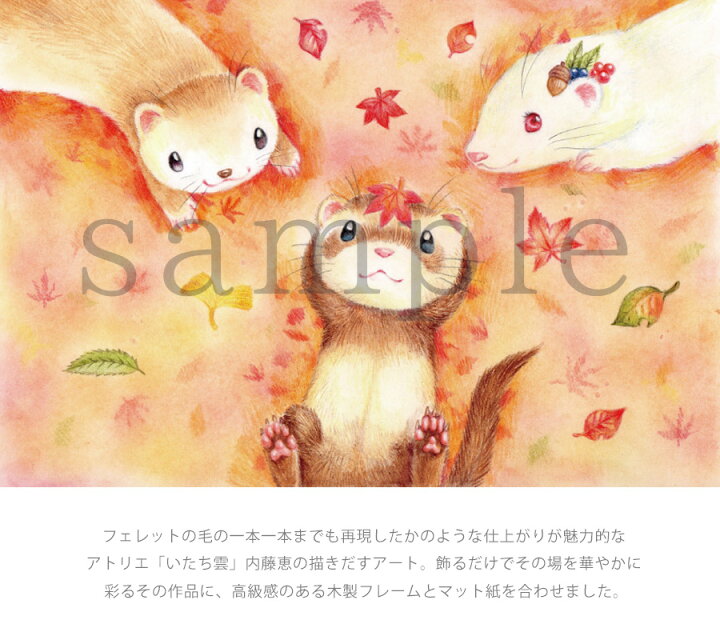 楽天市場 アトリエいたち雲 フェレットアート もみじ 額付き マット付きa4額 限定品 イラスト アート 額 絵画 絵 インテリア フェレット フェレットワールド 楽天市場店