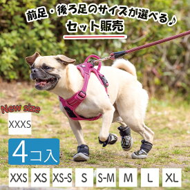 犬 靴 4個入【前足・後ろ足サイズ選べる】新サイズ0号 履かせやすい＆脱げにくい 軽量 マジックテープ アウトドア特化 散歩 登山 キャンプ 防災 肉球保護 ドッグシューズ 山歩靴 [PASS-SET]