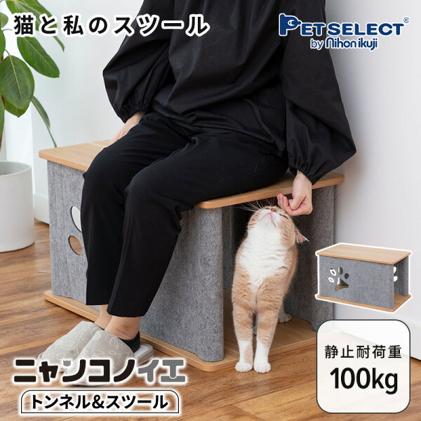 ニャンコノイエ (トンネル&スツール)猫 ねこ キャット トンネル ネコ ペット ハウス 木製 いす 椅子 イス チェア 犬 いぬ ドッグ 肉球 窓 北欧 シンプル コンパクト 多頭飼い シニア 子猫 ｸﾞﾚｰ 大型猫