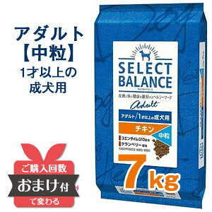 【お年玉500円クーポン|1/1〜3限定】 【ポイント5倍&おまけ付】 セレクトバランス アダルト チキン 中粒 7Kg 【おまけ付き】【送料無料】 1才 成犬 犬 ドッグフード プレミアムフード SELECT BALANCE 1才以上 ペットウィズ
