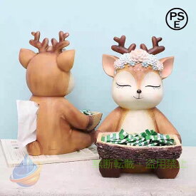 【期間限定300円OFFクーポン】手作りレジンホームデコレーションスタチュー-可愛いシカのデザイン木の杭付き収納溝ティッシュボックス-花冠と優しい笑顔で魅力的-ユニークで機能的な XXXXX
