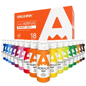 AUREUO ベーシック色 アクリル絵の具セット 18色x59 ml - キャンバス、ウッド、ロックなど用の無毒顔料 - 趣味の画家、絵画愛好家、初心者向けの絵具