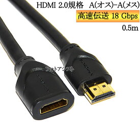 HDMI延長ケーブル 2.0規格 0.5m A(オス)-A(メス) 金メッキ端子 (イーサネット対応・Type-A) 18 Gbps 4K@50/60 (2160p) に対応 3D・4K　送料無料【メール便の場合】