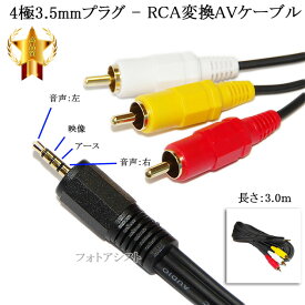 【互換品】Hisense/ハイセンス対応 4極3.5mm-RCA変換AVケーブル 3.0m 4極3.5mm L/V/G/R結線(オス)-RCA(オス)赤・白・黄 Part.1