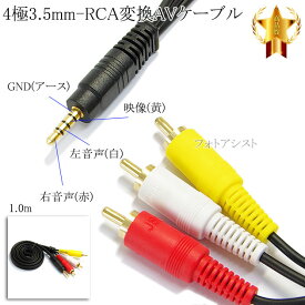4極3.5mm-RCA変換AVケーブル 1.0m R/L/V/G結線(オス)-RCA(オス)赤・白・黄 15mmピン　送料無料【メール便の場合】