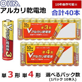 10年保存 アルカリ乾電池 単3 単4 オーム電機 本数を選べる 計40本 OHM まとめ買い アルカリ電池 単3形 単三形 単4形 単四形 電池 防災用品 非常用【メール便送料無料】