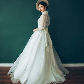 【送料無料】オードリー風ロングドレス (ウェディングドレス ウェディング 結婚式 リゾートウエディング 花嫁ドレス ロングドレス 二次会)