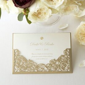 招待状 LumieRose-リュミエローズ-招待状【10冊入り】(結婚式 ペーパーアイテム 手作りキット テンプレート ウェディング ブライダル パーティー 二次会 バラ 高級感 レーザー ゴールド)