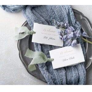 席札 Ruban de soie Grayish blue -リュバン・ド・ソワ グレイッシュブルー- 席札 1セット4名様用(結婚式 ペーパーアイテム 手作りキット テンプレート ウェディング ブライダル パーティー 二次会