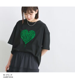 LUGIVA ハートロゴコットンTシャツ コットンTシャツ レディース クルーネック 半袖 5分袖 ショート丈 プリント ハート 文字プリント きれいめ キレカジ 可愛い 顔料プリント カジュアル