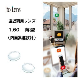 遠近両用 イトーレンズ 眼鏡レンズ 遠近内面累進 中屈折1.60 紫外線UVカット400 撥水コート FF-iQ 60 HM（薄型）2枚1組