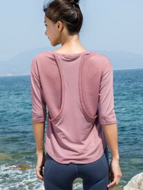 フィットネスウェア Tシャツ ランニング ヨガ スポーツ トップス レディース 七分袖 ラウンドネック プルオーバー メッシュ ゆったり 通気 速乾 ソフト カジュアル シンプル 白 ピンク 黒