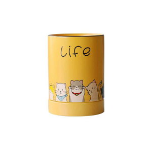 箸立て ネコのイラスト Life 水受け皿付き 陶器製 (イエロー)