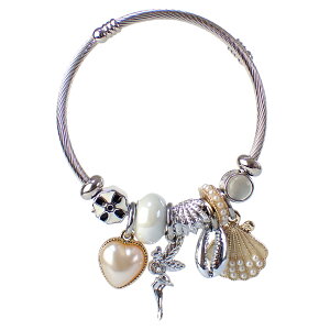 レディース アクセサリー チャームブレスレット バングル シェル フェアリー 貝殻 妖精 フリーサイズ ワイヤー ビーズ 揺れる 可愛い かわいい おしゃれ カジュアル フェミニン 大ぶり 誕生