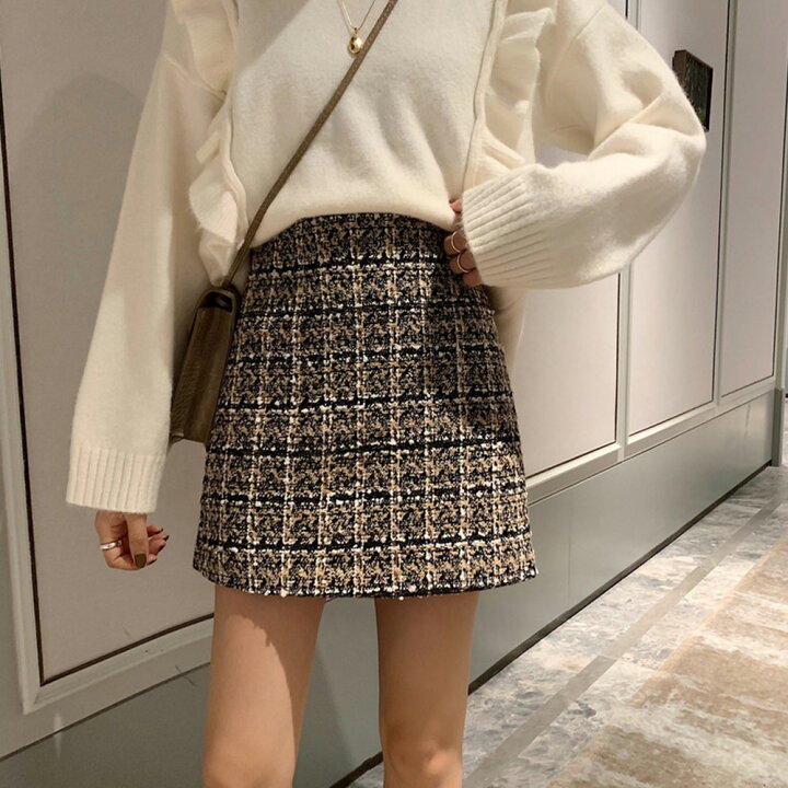 楽天市場 タイトスカート 台形スカート スカート ボトムス レディース ツイード チェック柄 ハイウエスト ミニ丈 美脚 ピアス イヤリング カラコンpiena