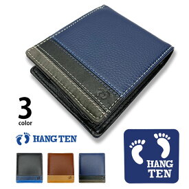 HANGTEN ハンテン 2つ折り財布 メンズ パスケース付き 小さめ 牛革 トリコロール 黒 紺色 茶色 春夏秋冬 紳士用 男性用