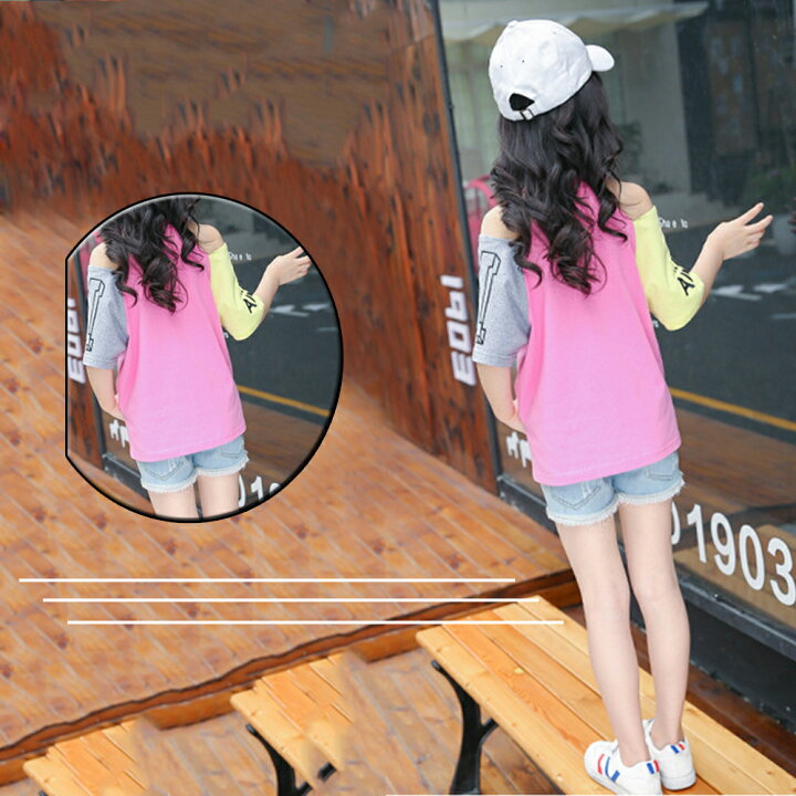 定番スタイル tシャツ キッズ 女の子 秋冬 半袖 肩開き 綿 英字柄 ドッキング おしゃれ カジュアル www.tonna.com 定番スタイル tシャツ キッズ 女の子 秋冬 半袖 肩開き 綿 英字柄 ドッキング おしゃれ カジュアル www.tonna.com
