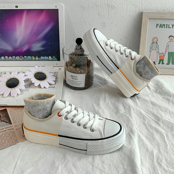 スニーカー レディース 春夏秋冬 レースアップ ローカット 2ライン ぺたんこ 帆布 新春福袋21