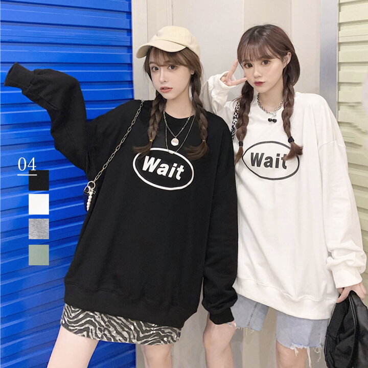 楽天市場 トレーナー レディース 秋冬 長袖 ロング丈 丸首 ロゴtシャツ スウェット ポリエステル 英字ロゴ 白 ピアス イヤリング カラコンpiena