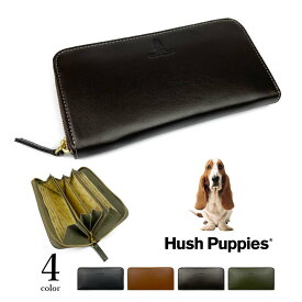 長財布 メンズ 春夏秋冬 ラウンドファスナー L字ファスナー小銭入れ 牛革 Hush Puppies 犬ロゴ型押し 黒