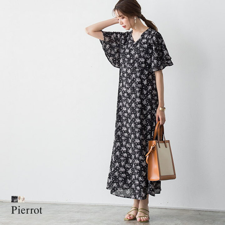 楽天市場 夏 バーゲン 花柄フリルaラインワンピース ワンピース 花柄 フリル Aライン ロング 切り替え フレア ジョーゼット素材 落ち感 黒 フェミニン きれいめ 夏 レディース ピエロ Pierrot Md Pierrot ピエロ